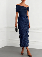 Black 3D Floral Applique Classic Off The Shoulder Short Sleeve Sheath Midi Dress