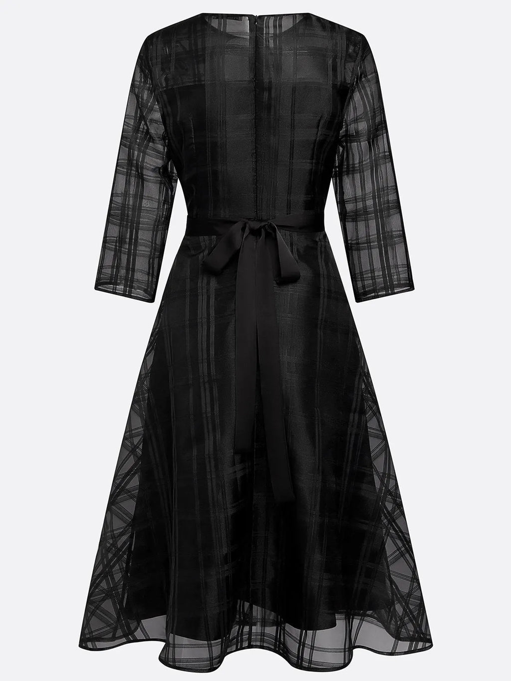 Black Plaid Organza Classic Crew Neck Three Quarter Sleeve A-Line Midi Dress