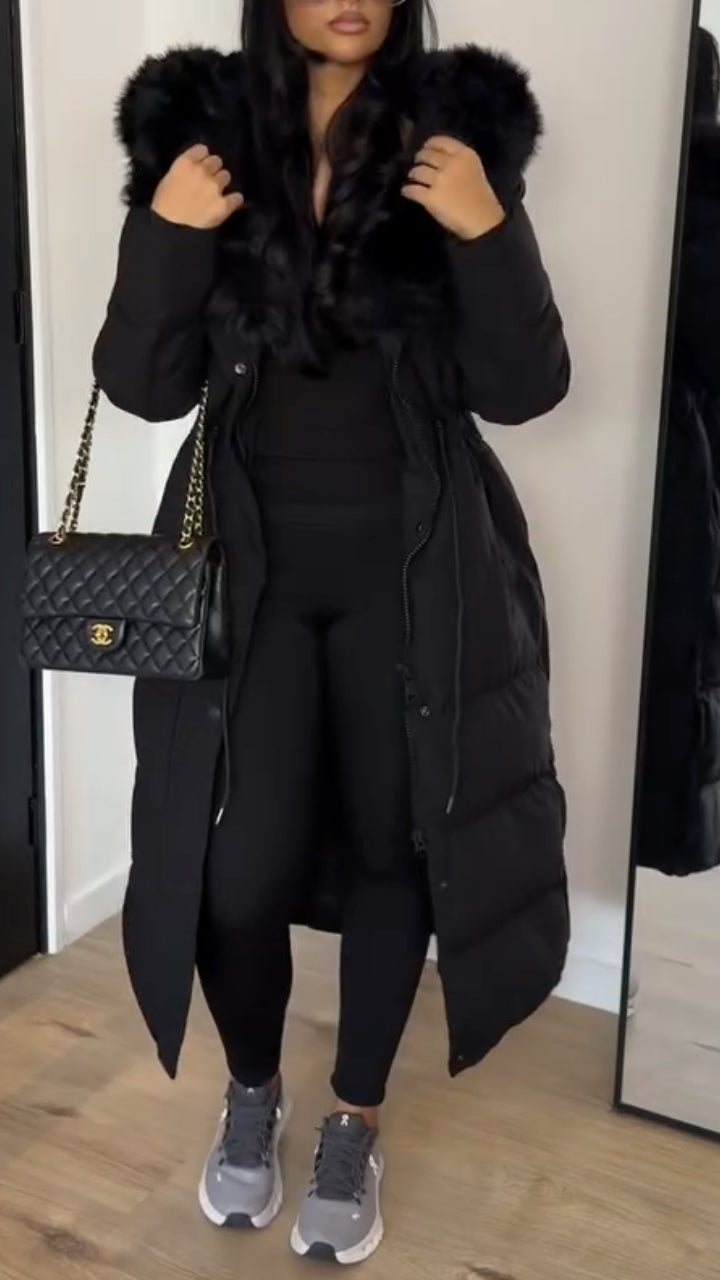 Black Plush-Collar Longline Puffer Coat
