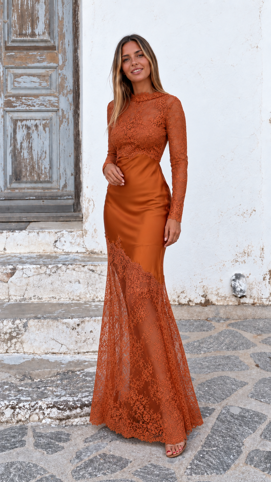 Lace Satin Mix Long Sleeve Maxi Dress