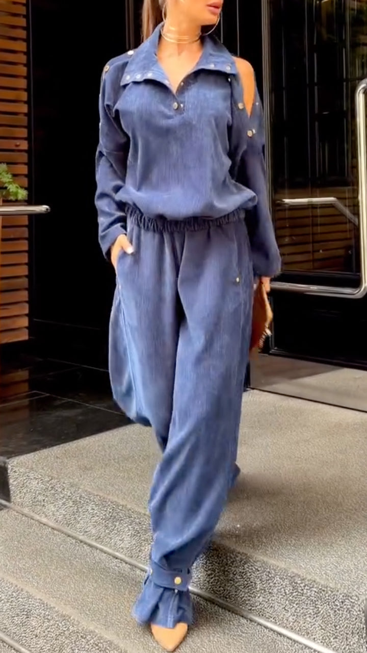 Cold-Shoulder Denim Top & Balloon-Leg Pants Set