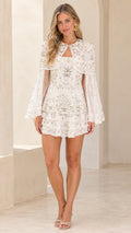Sequined Capelet Tiered Mini Dress with Long Slit Sleeves