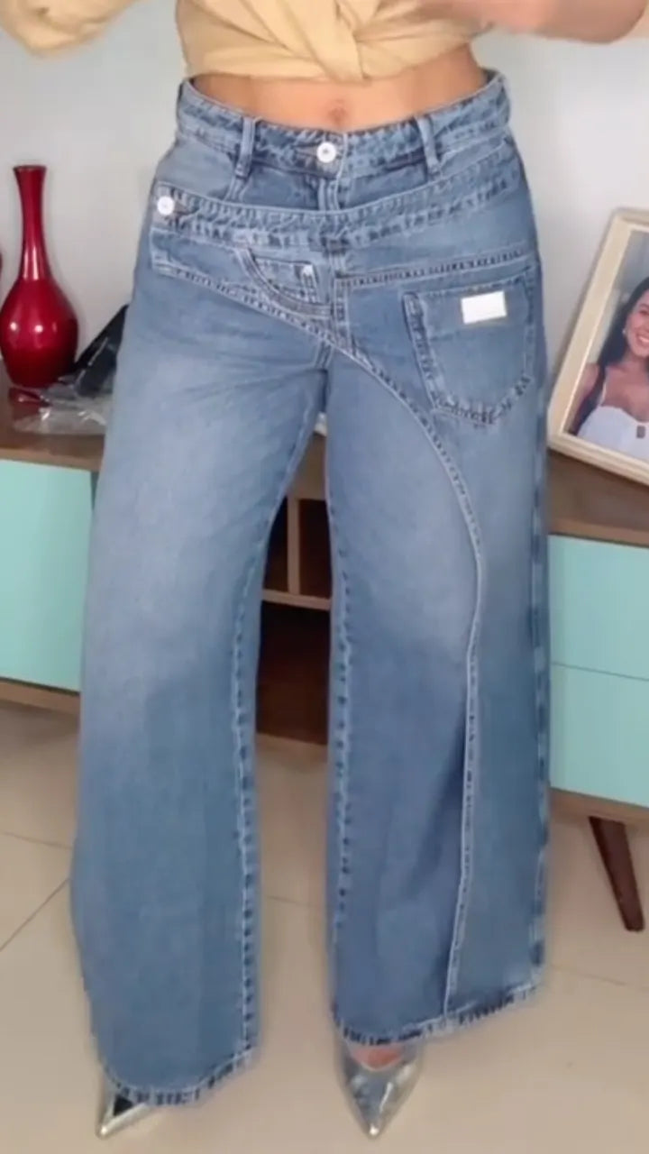 Stitched Panel Wide Leg Jeans