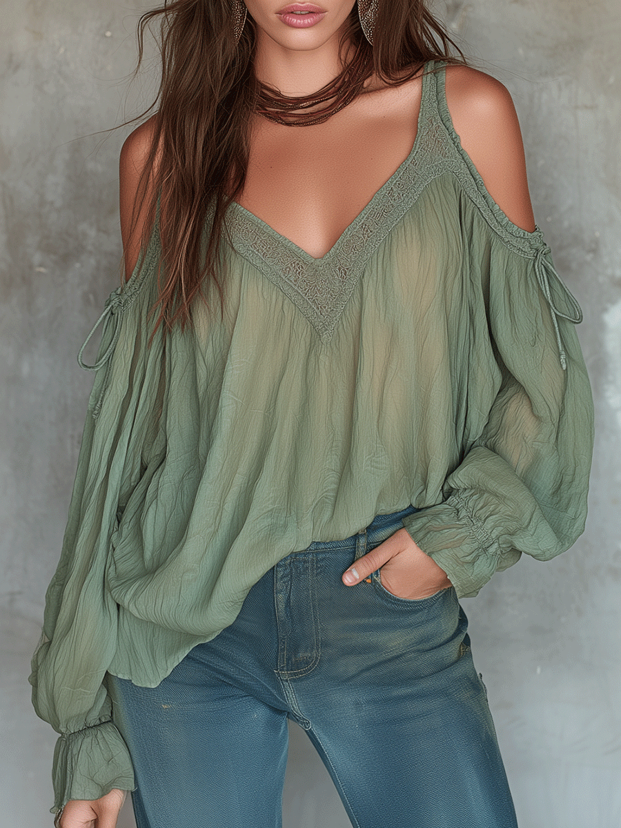 Boho V-Neck Off-Shoulder  Lace Blouse