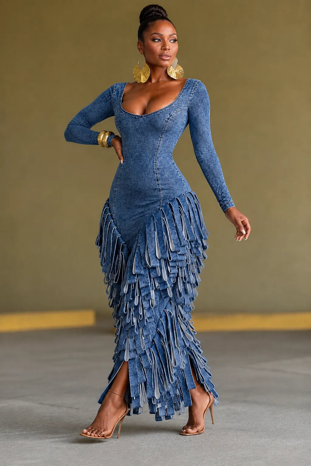 U Neck Fringe Denim Jumpsuit Bodycon Party Jumpsuit