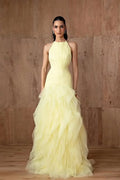 Cocoslly Halter Sleeveless High Waist Long Prom Dress With Ruffles | Daffodil Tulle YC0478