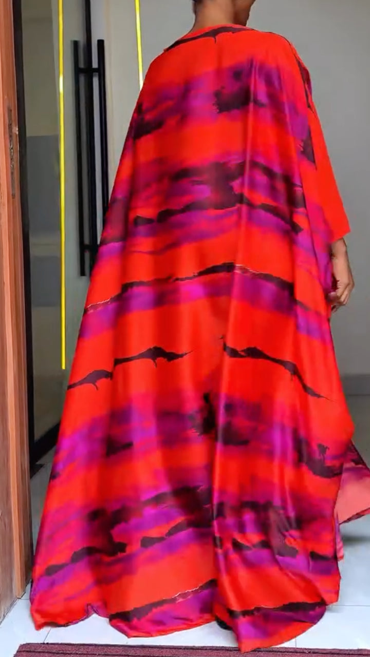 Tie Dye Satin Kaftan Maxi Dress