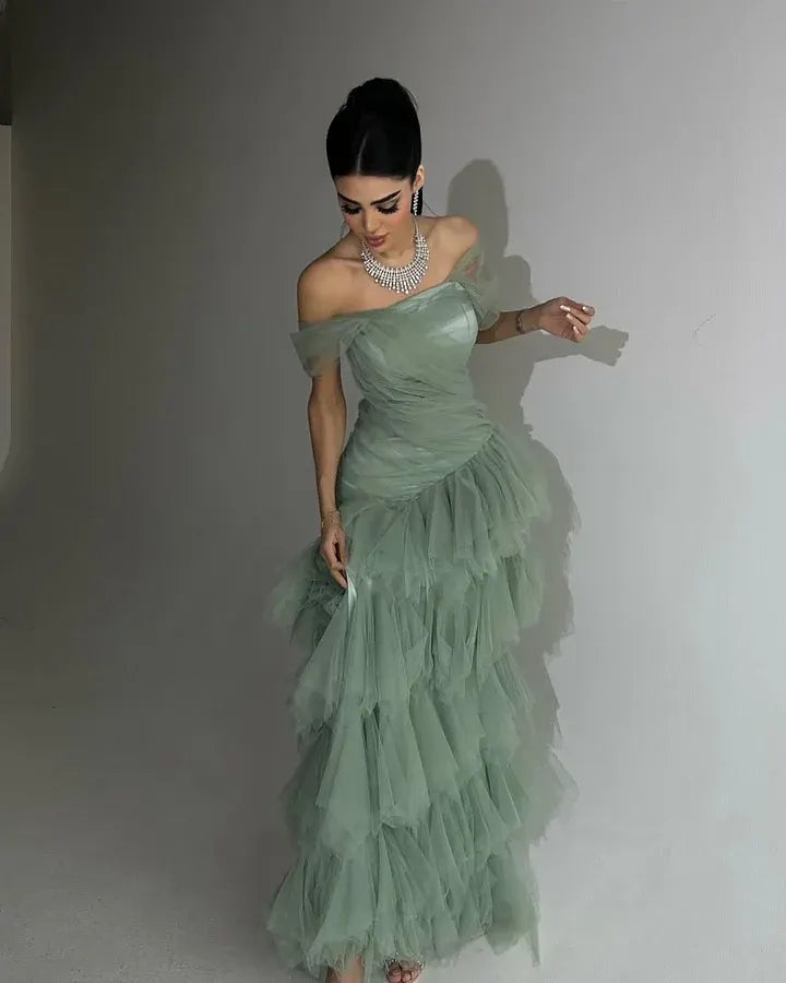 Cocoslly Off-The-Shoulder Sleeveless High Waist Long Prom Dress With Ruffles | Dusty Sage Tulle CO0137
