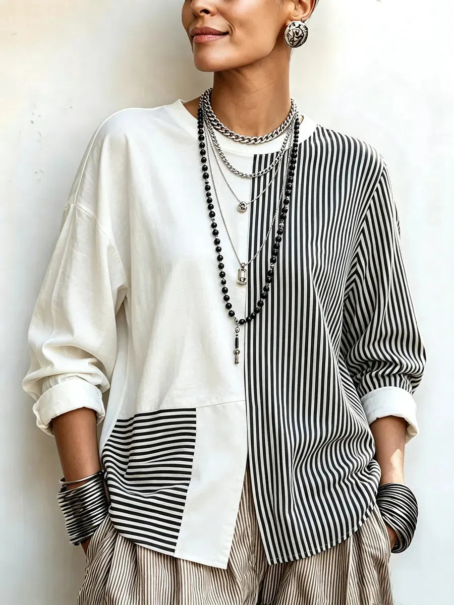 Chic Asymmetric Black And White Striped Statement Top