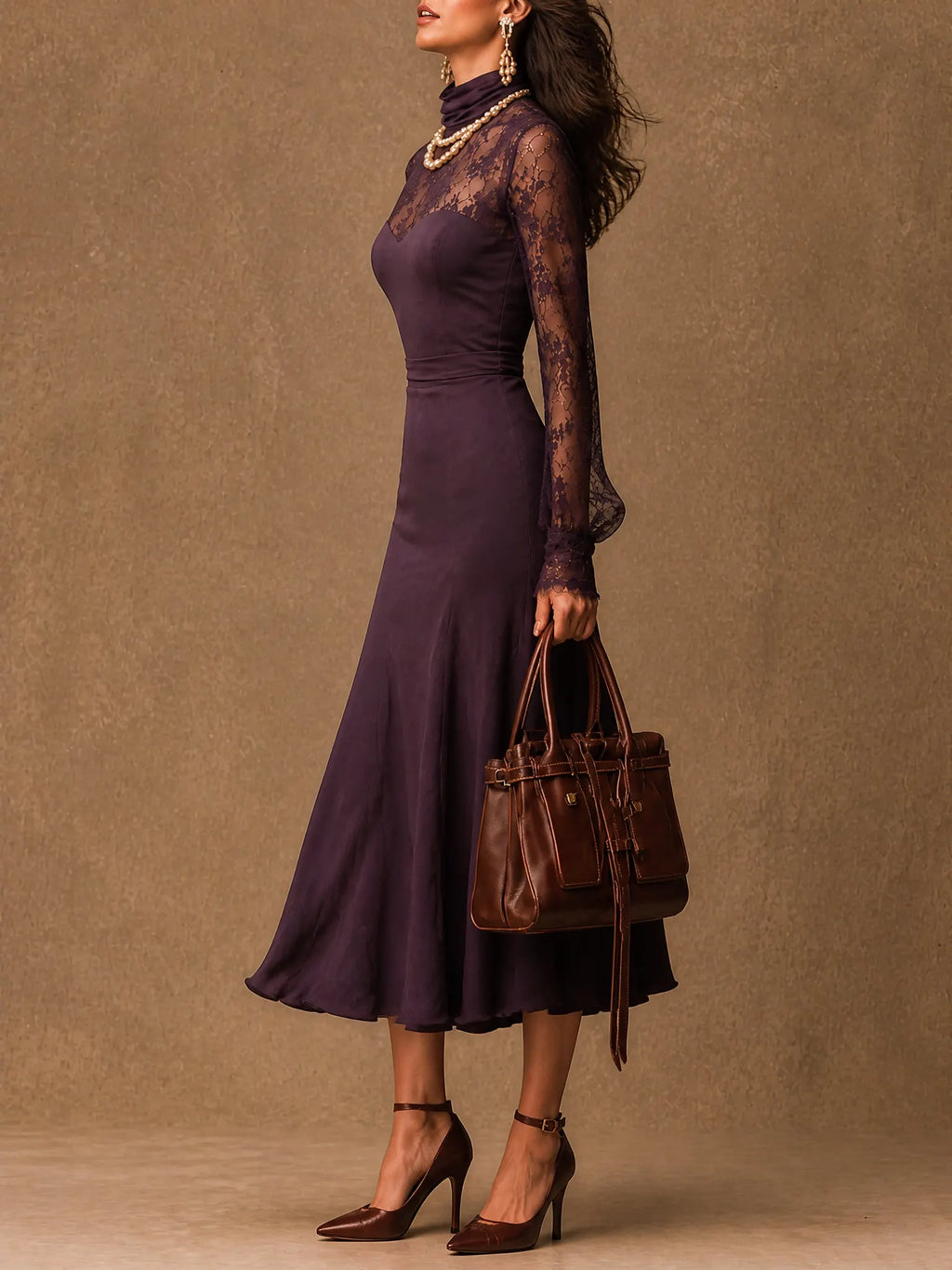 Elegant Purple Matte satin Lace Long Sleeve Bodycon Midi Dress