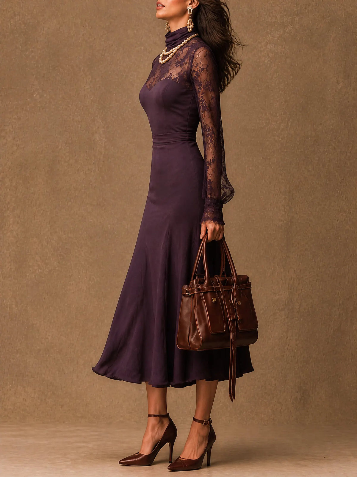 Elegant Purple Matte satin Lace Long Sleeve Bodycon Midi Dress