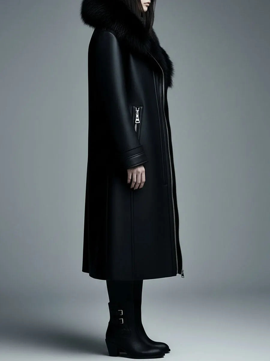Women Fur Trim Warm Lined Hooded Eco Leather Trench Coat