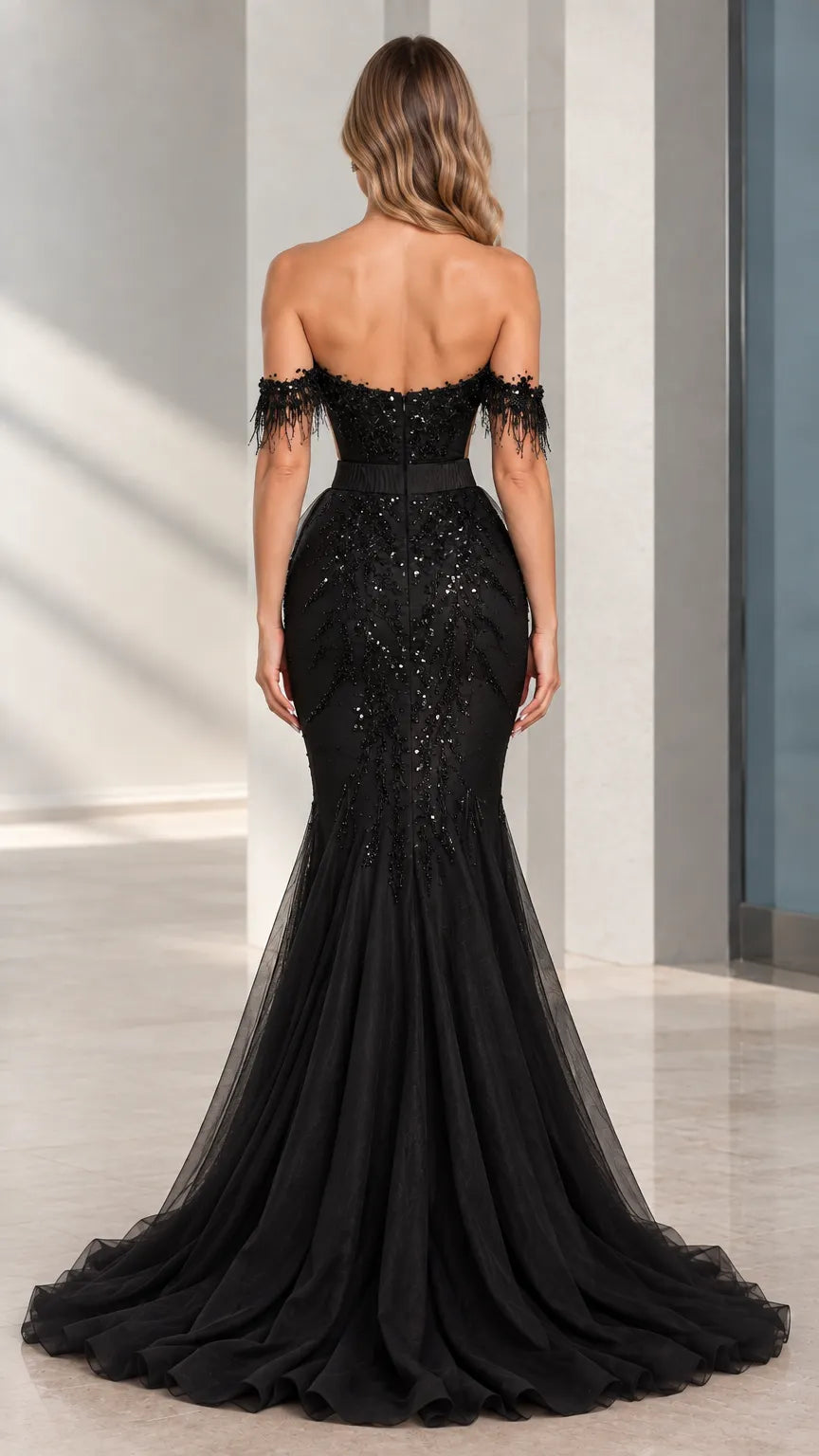 Off-Shoulder Sequin Feather Mermaid Evening Gown with Flowing Overskirt