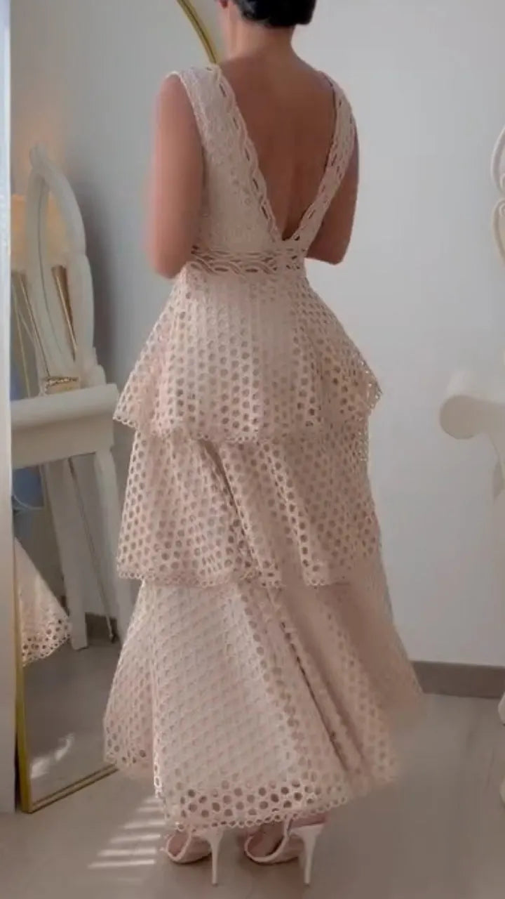 Apricot V-Neck Layered Ruffle Cake Maxi Dress