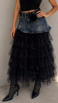 Denim Ruffle Top Layered Tulle Tiered Maxi Skirt