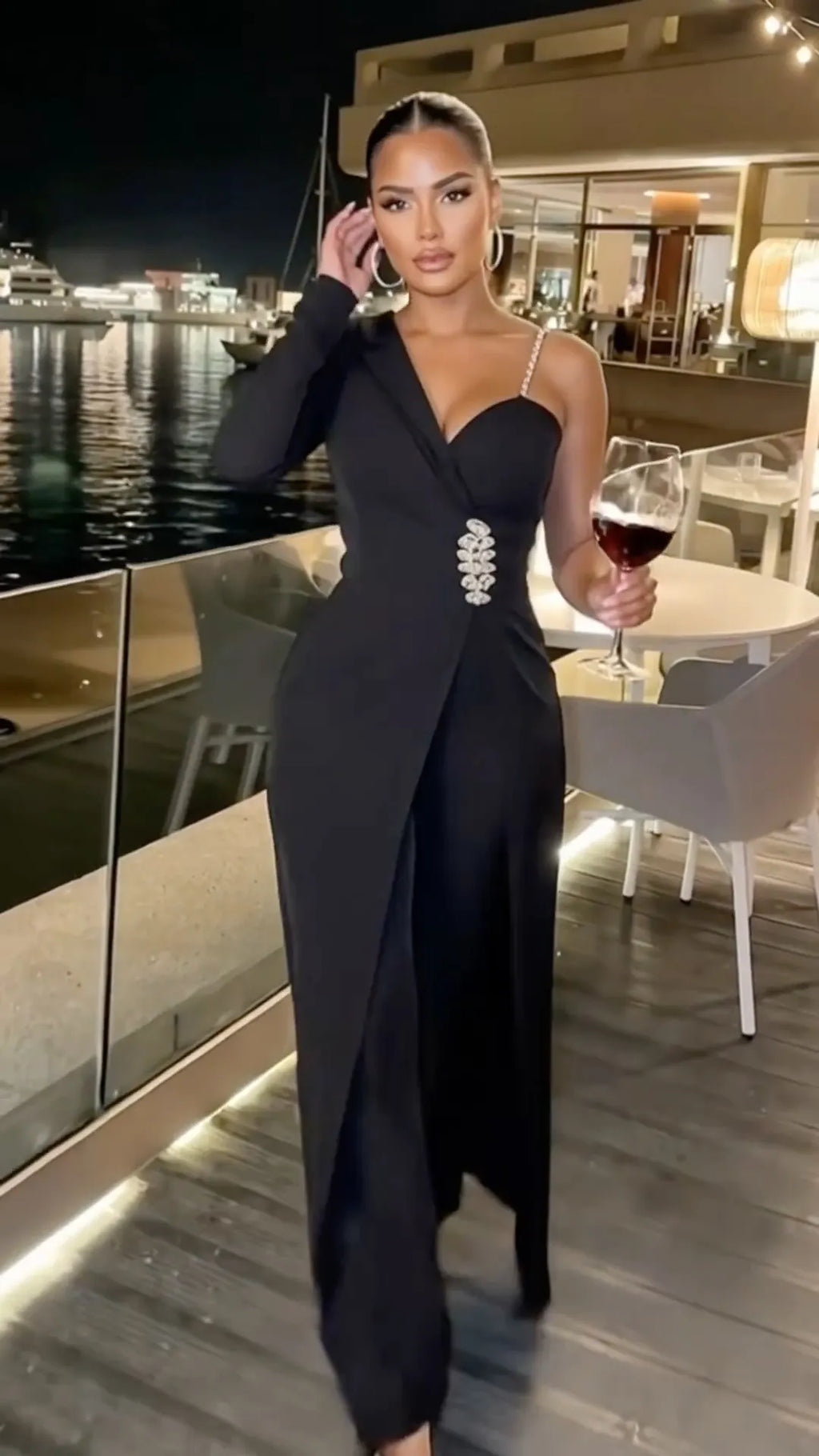Black Crystal One-Shoulder Wide-Leg Jumpsuit