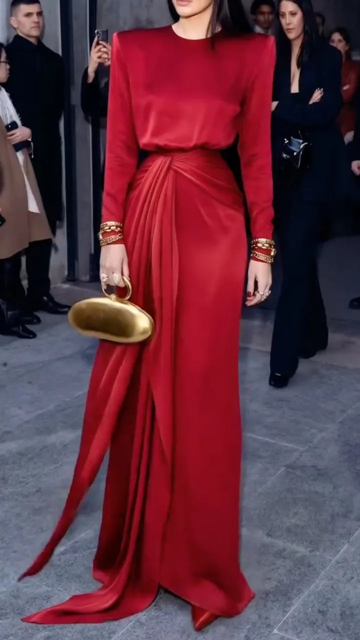 Satin Long Sleeve Draped Waist Maxi Gown