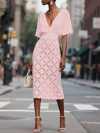 White Rayon Hollow Out Plaid Classic V Neck Short Sleeve Sheath Midi Dress