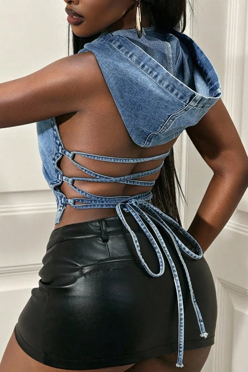 Women's Casual Backless Lace Up Denim Hoodie