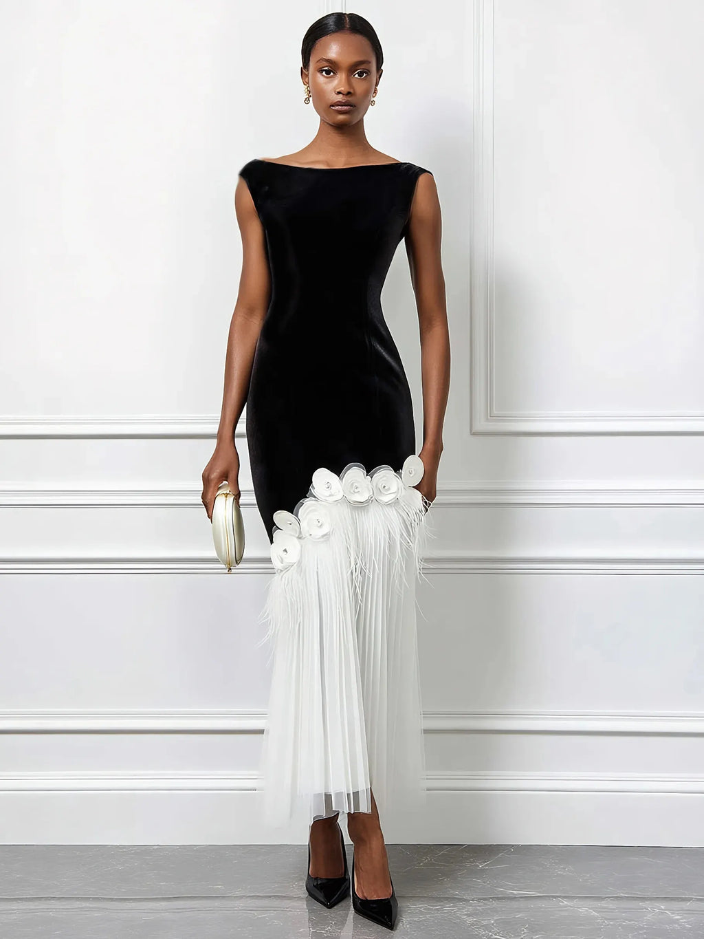 Black Tassel 3D Floral Velvet Boat Neck Sleeveless Mermaid Midi Dress