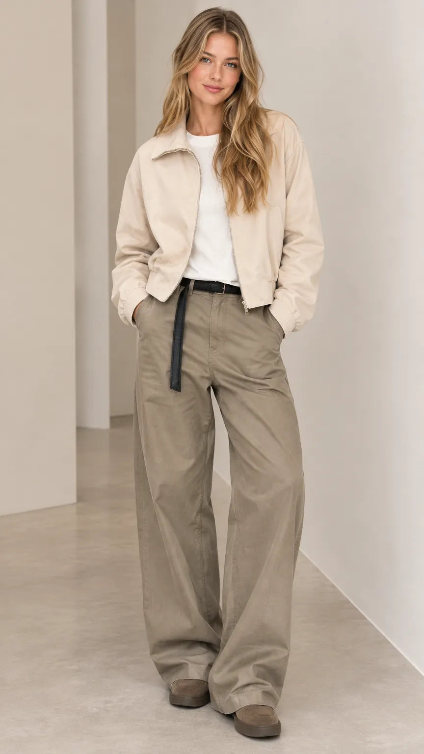 Women's Zip-Front Bomber Jacket and Wide-Leg Cargo Pants Two-Piece Set