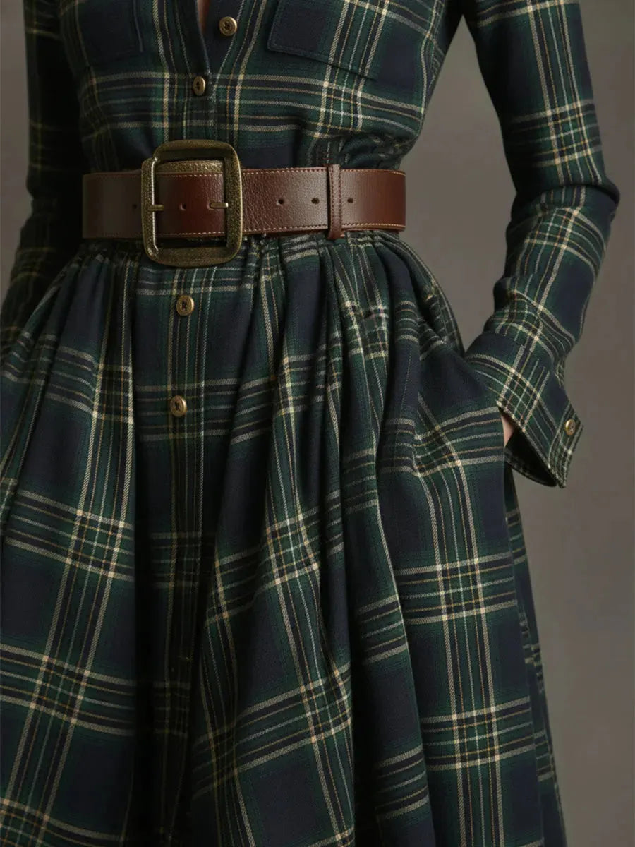Retro Ethnic Style Lapel Reddish Brown Plaid Maxi Dress