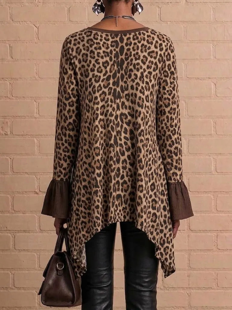 Leopard Print Paneled Asymmetric‑hem V‑neck Long‑sleeve Top