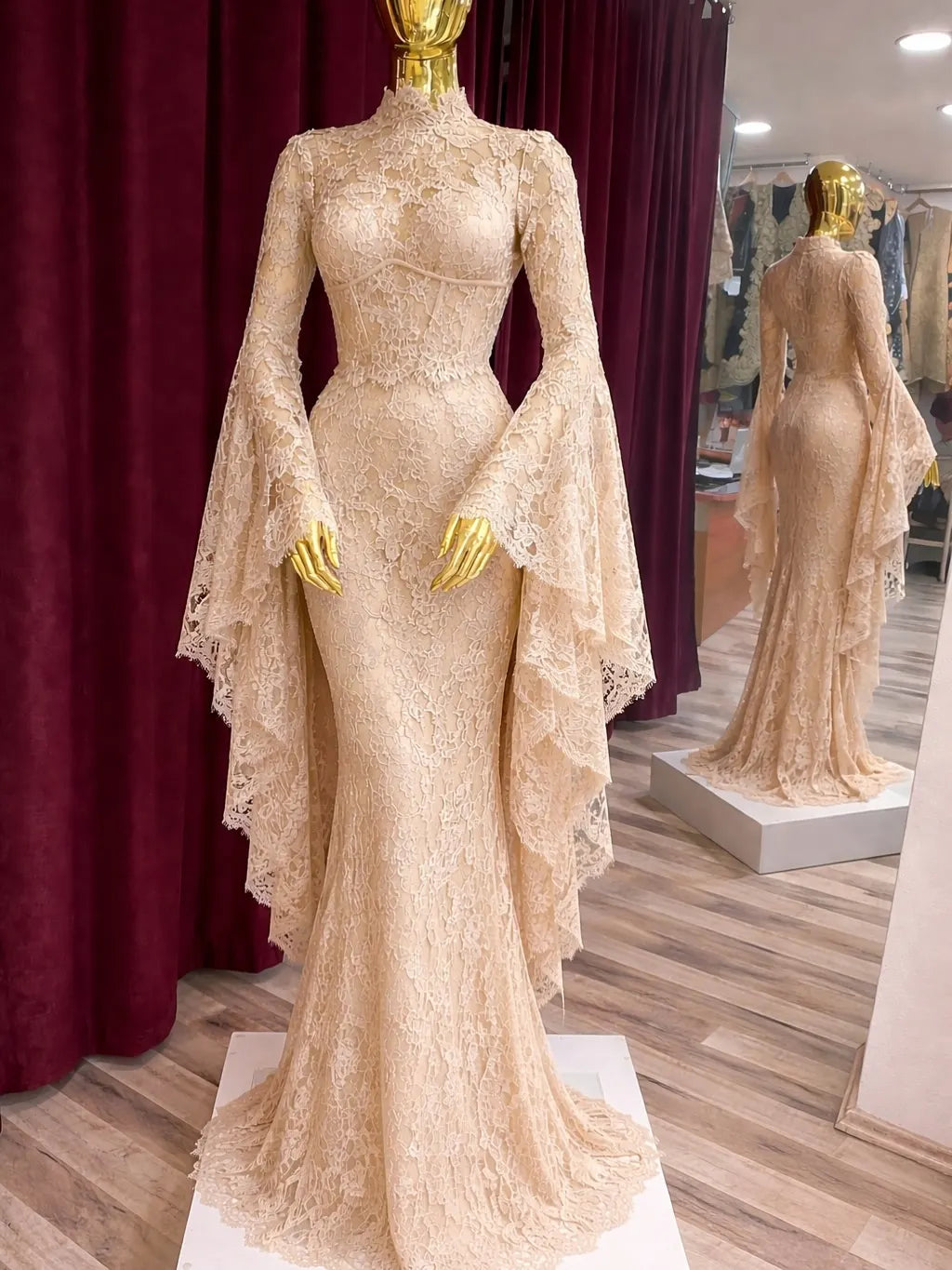Elegant Blue High Neck Long Sleeves Mermaid Lace Prom Dress YK1252