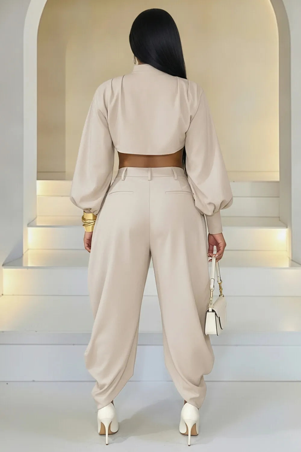 Mock Neck Lantern Sleeve Crop Top Cuffed Pants 2pcs Set-Apricot [Pre Order]