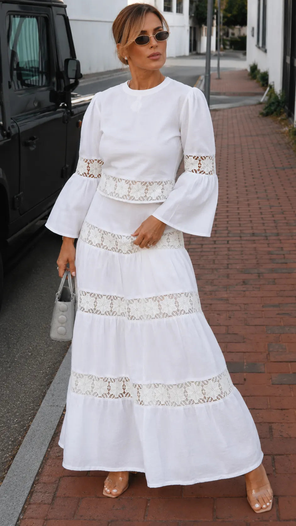 White Lace Insert Two‑Piece Maxi Skirt Set