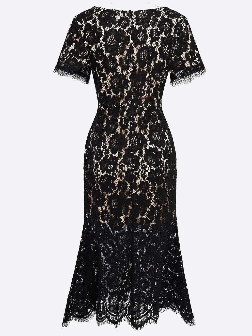 Black Lace Edge Cotton V Neck Short Sleeve Mermaid Midi Dress
