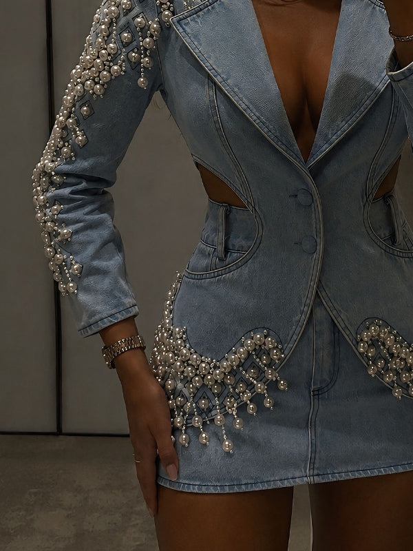 Pearl Embellished Denim Blazer & Mini Skirt Two‑Piece Suit