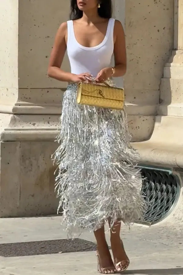 Evening Charm Layered Sequined Tassels High Rise Back Zipper Slit Midi Skirt