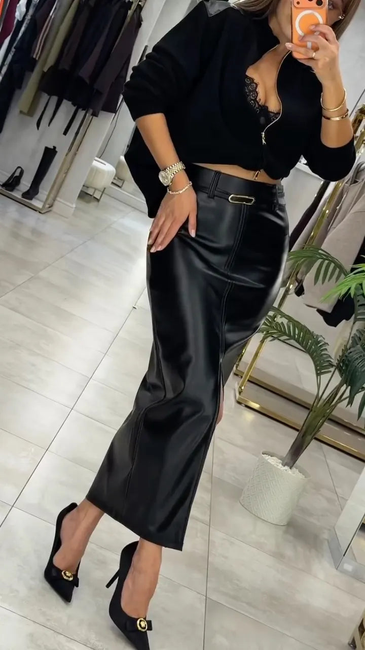 Half Zip Ribbed Knit Sweater And Green Leather Midi Skirt Outfit