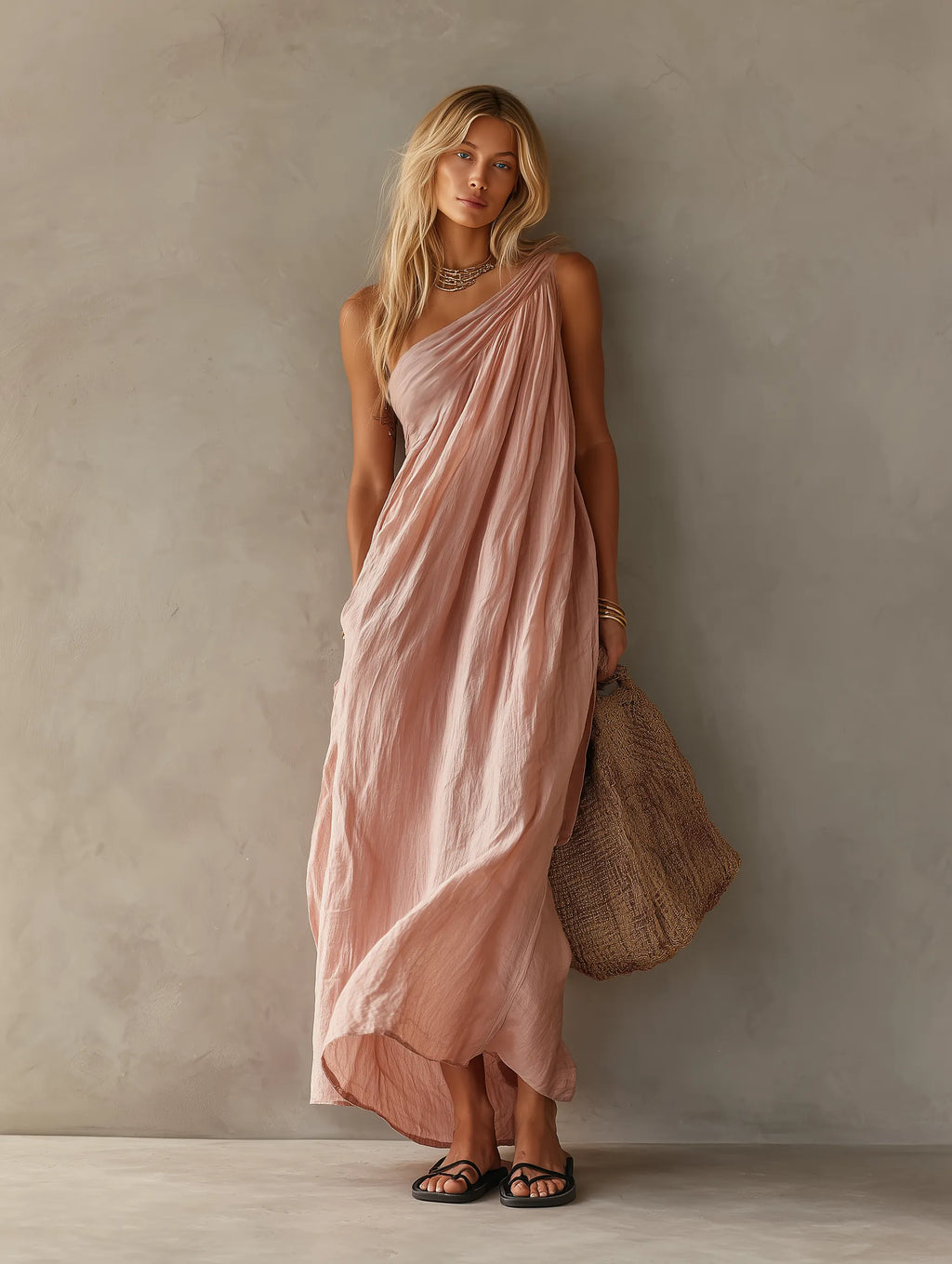 Women's Elegant Pink Cotton-Linen One-Shoulder Sleeveless Maxi Dress MDZ0829E1LXY