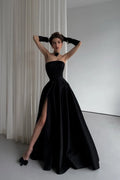 Black Strapless Sleeveless Long Split Pleated Prom Dress With Gloves YS0021
