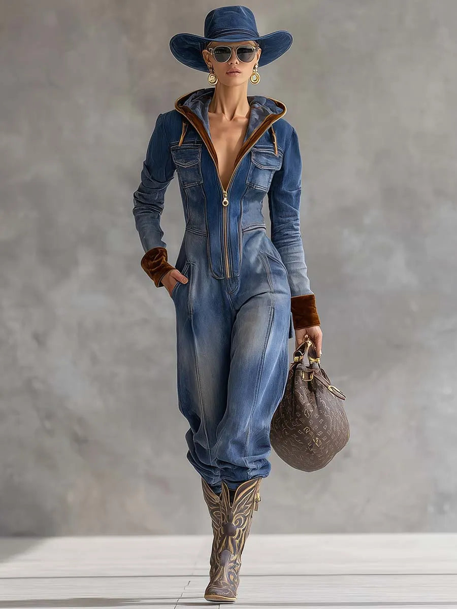 Vintage Casual Western Hooded V-neck Zipper Velvet Stitching Blue Denim Jumpsuit