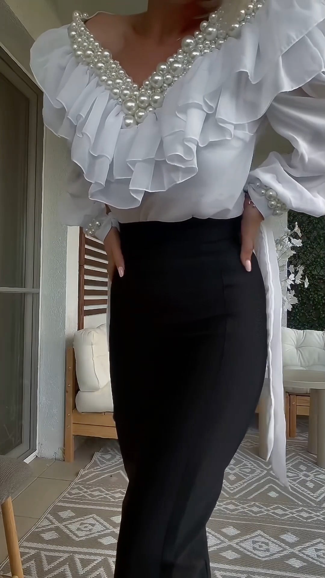 Pearl Ruffle Off Shoulder Long Sleeve Blouse+Skirt Set