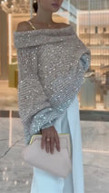 Sequin Off Shoulder Oversized Knit Sweater