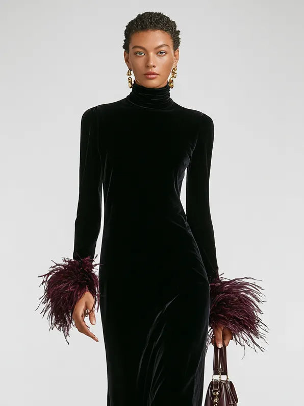 Women's Minimalist Velvet Patchwork Faux Ostrich Feather Cuffs And Hem Maxi Dress MDA1174J9Y