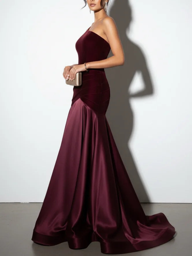 Burgundy Satin Ruched Split Joint Velvet One Shoulder Sleeveless A-Line Gown Dress