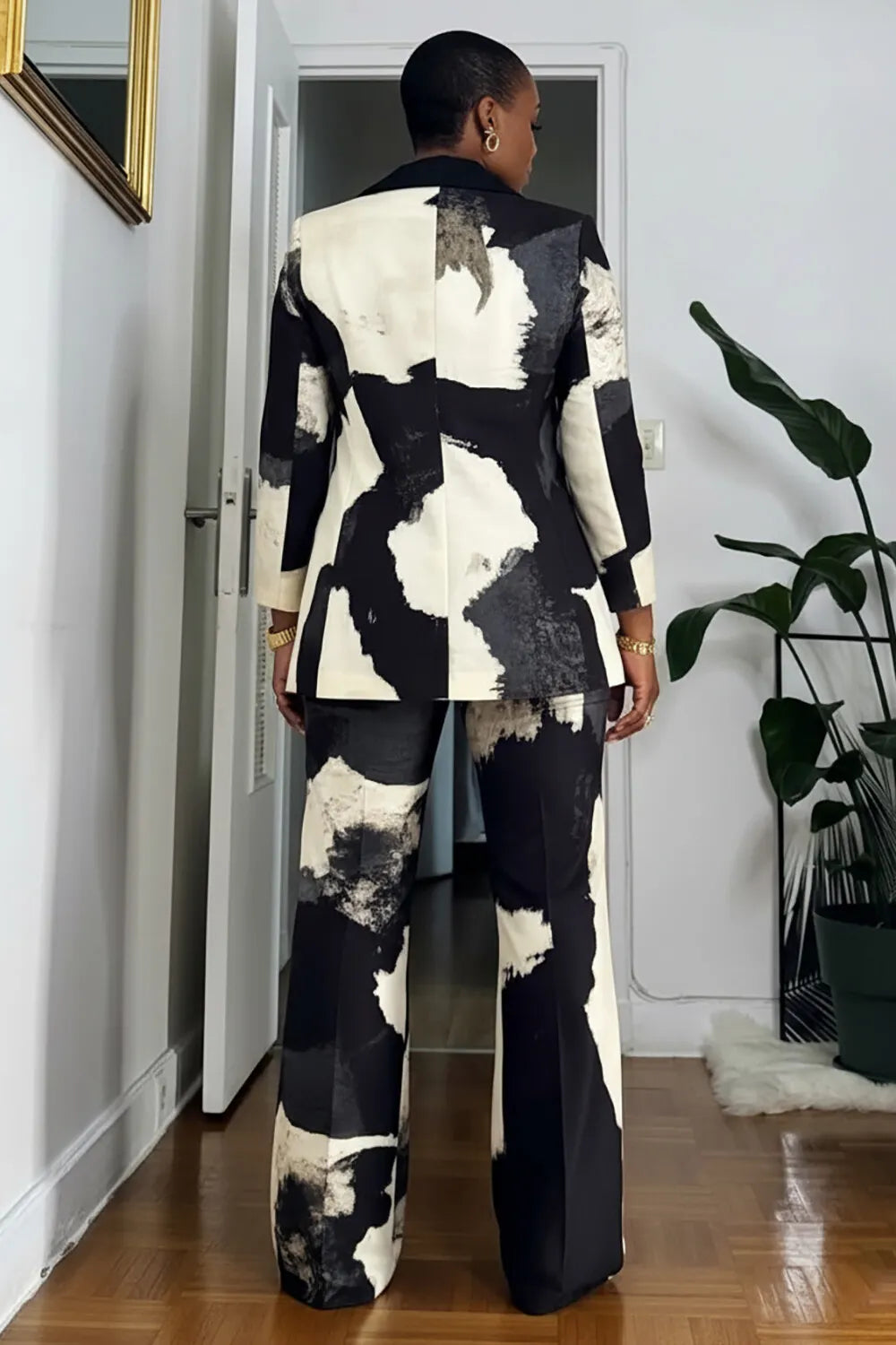 Pattern Print Colorblock Blazer High Waist Pants 2pcs Set-Black