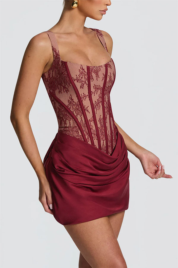 Cornelia Floral Lace Contrast Structural Detail Back Lace-up Satin Hem Mini Dress