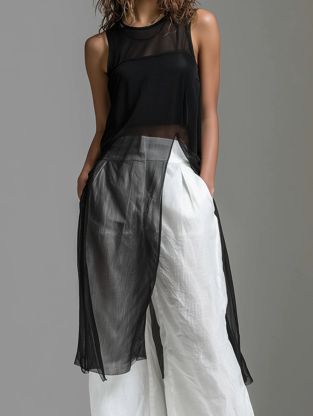 Women's Minimalist Black Chiffon Sleeveless Round-neck Top Paired With White Cotton-linen Trousers (includes Black Camisole) MDZ1625F1LXY