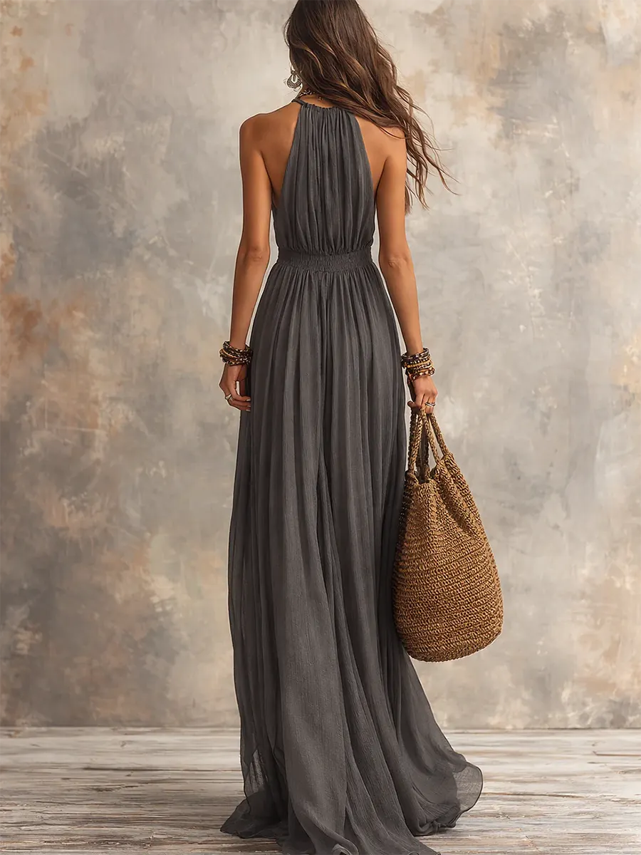 Elegant & Minimalist Halter-neck Cotton-linen Maxi Dress