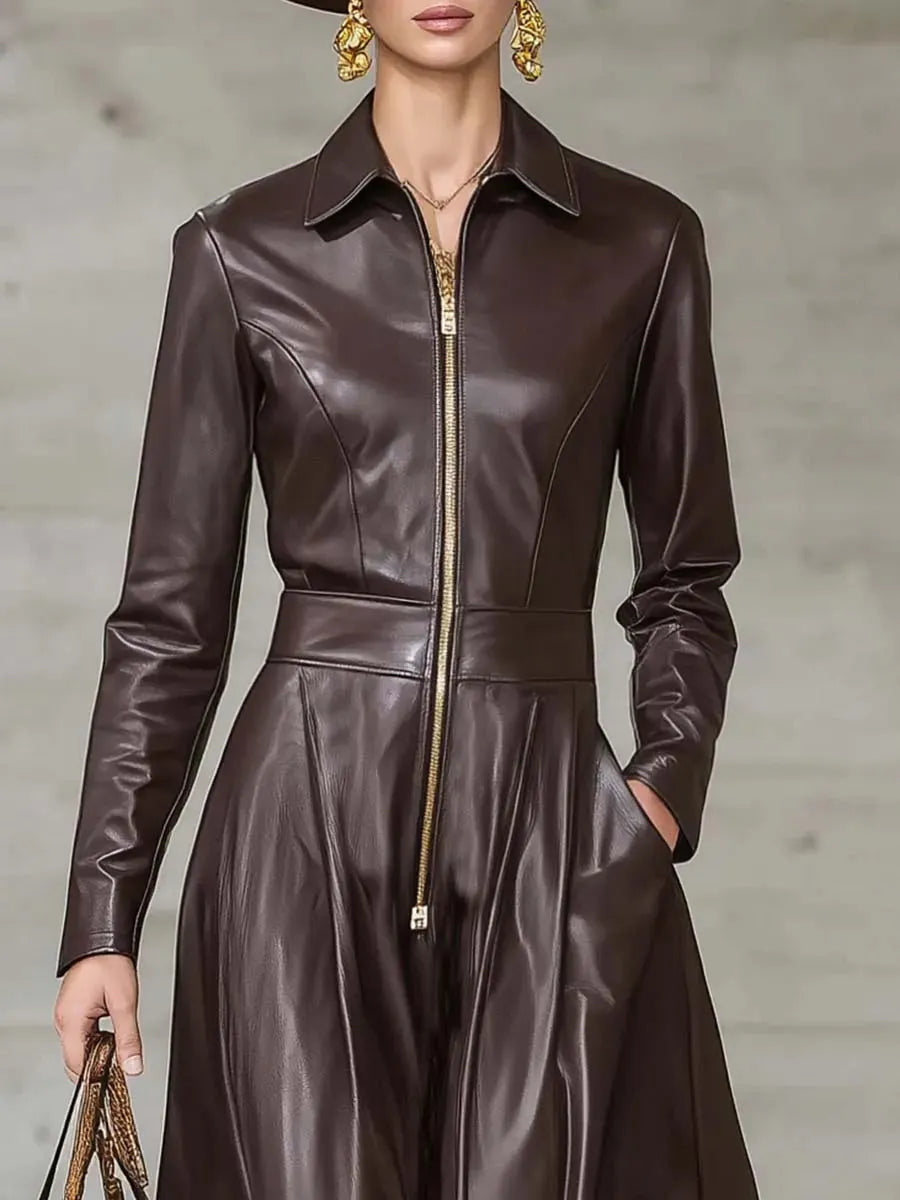 Exquisite Temperament Front Zipper Long Sleeve High-quality Brown Leather Maxi Dress