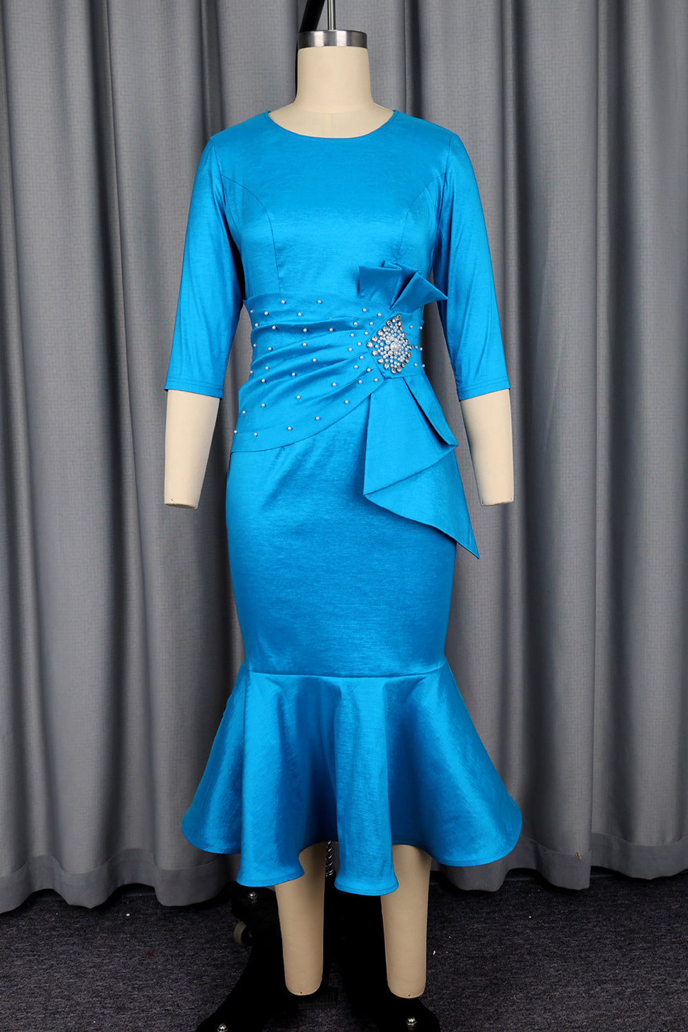 Round Neck Half Sleeve Rhinestone Pearls Fishtail Gowns Midi Dresses-Blue