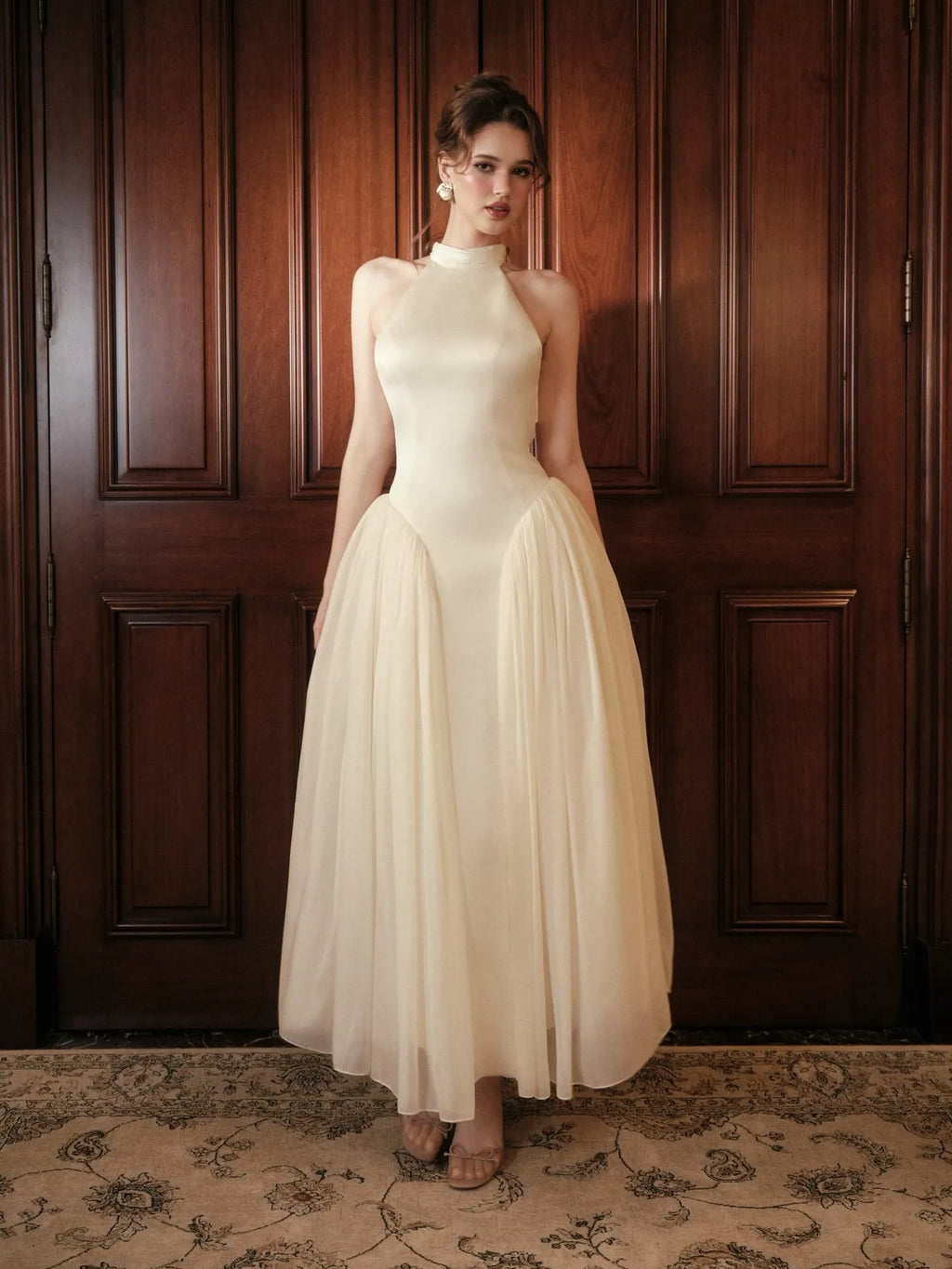 Cocoslly High Neck Sleeveless High Waist Long A Line Prom Dress | Ivory Satin And Tulle CO0201