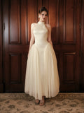 Cocoslly High Neck Sleeveless High Waist Long A Line Prom Dress | Ivory Satin And Tulle CO0201