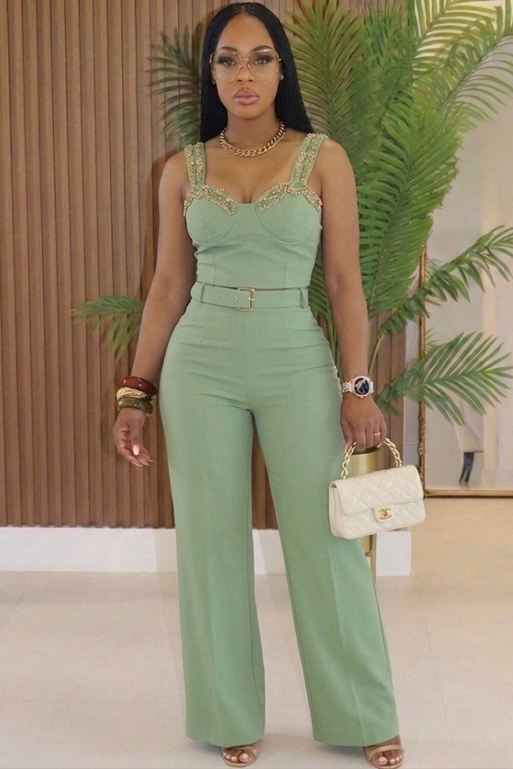 Crystal Wide Straps Sleeveless Wide Leg Casual Jumpsuit-Green [Pre Order]